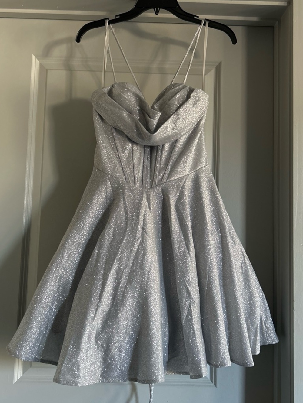 ADORA Silver Glitter Cowl-Neck Party Dress